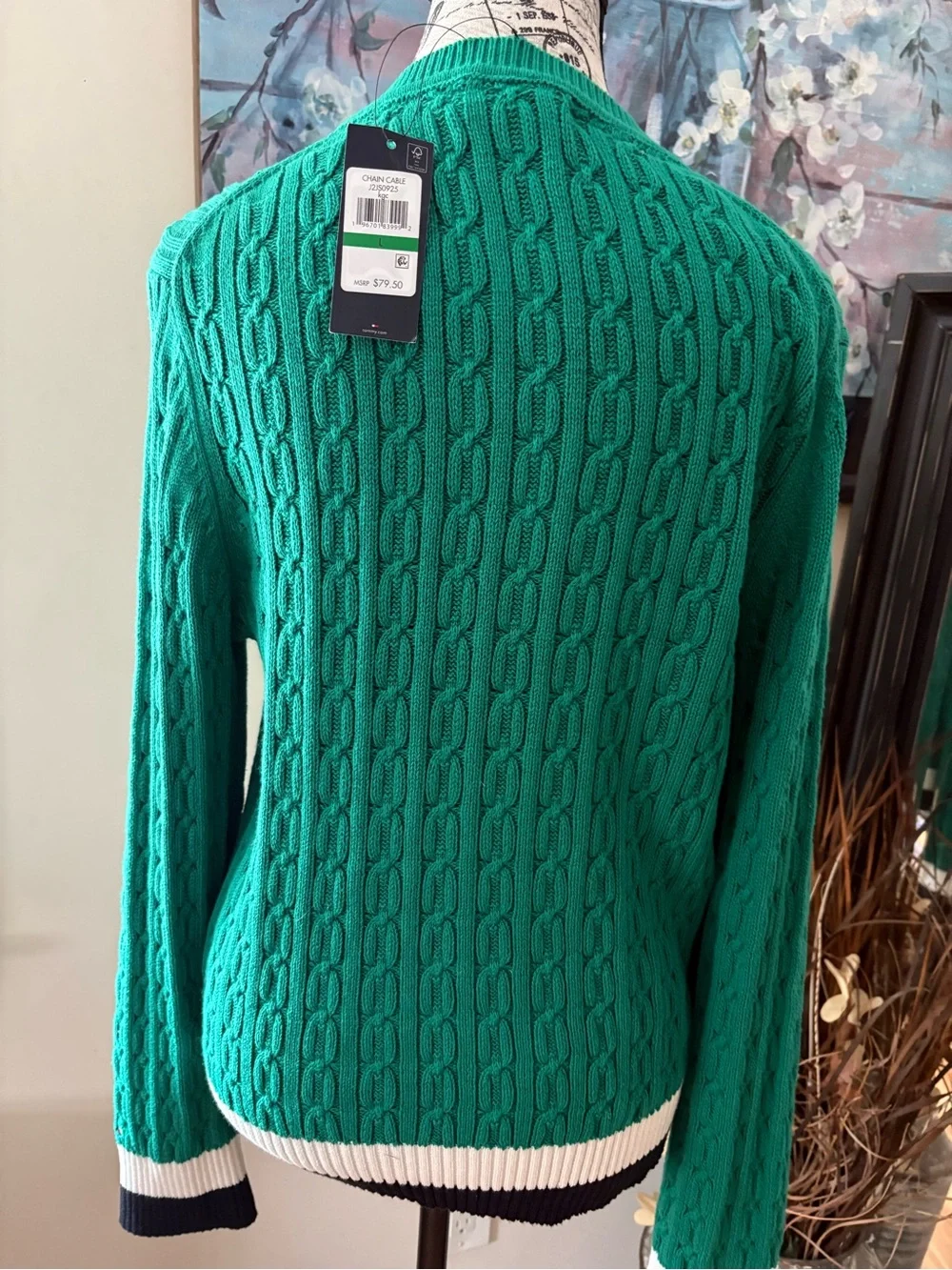 Tommy Hilfiger Green Cable Knit Crewneck Sweater with Striped Hem